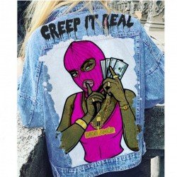 Graphic Black Denim Fall Jacket Coats For Women