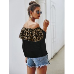Casual Leopard Print Patchwork Off Shoulder Women's Top  Casual Leopard Print Patchwork Off Shoulder Women's Top