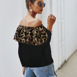  Casual Leopard Print Patchwork Off Shoulder Women's Top