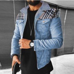 Plaid Patchwork Denim Jackets For Men