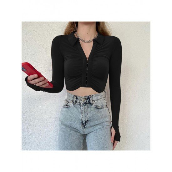  2024 Pure Color Long Sleeve Crop Top