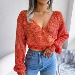Spring V Neck Lantern Sleeve Cropped Sweaters