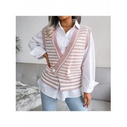 Striped V Neck Sleeveless Sweater Coats Striped V Neck Sleeveless Sweater Coats