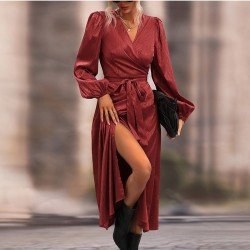 Puff Sleeve V Neck Vintage Maxi Dresses