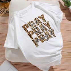 Leopard Letter Printed White T Shirts For Women