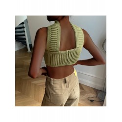 2024 Halter Pure Color Backless Crop Sweater  2024 Halter Pure Color Backless Crop Sweater