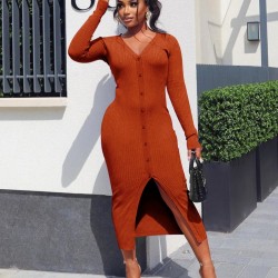  Slim V Neck Pure Color Split Women's Dress