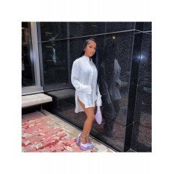 Stand Collar White Slit Long Sleeve Shirt Dress Stand Collar White Slit Long Sleeve Shirt Dress