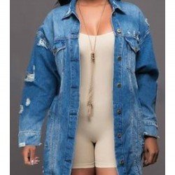 Fall Blue Ripped Long Sleeve Denim Jackets
