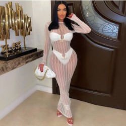 See Through Backless Long Sleeve White Maxi Dress