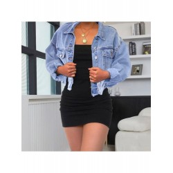 Stylish Loose Pure Color Tassels Denim Jacket  Stylish Loose Pure Color Tassels Denim Jacket
