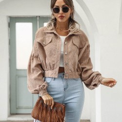  Winter Corduroy Pure Color Lantern Sleeve Women Jacket
