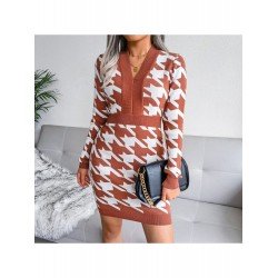 Houndstooth V Neck Long Sleeve Sweater Dress Houndstooth V Neck Long Sleeve Sweater Dress