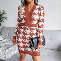 Houndstooth V Neck Long Sleeve Sweater Dress