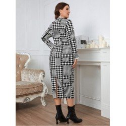 V Neck Houndstooth Women's Long Sleeve Dress  V Neck Houndstooth Women's Long Sleeve Dress