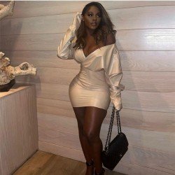 Stylish V Neck Backless Long Sleeve Short Dress