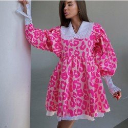 Cute Ladies Printed Doll Collar Lantern Sleeve Dresses