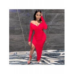 Asymmetry Solid Ruched Long Sleeve V Neck Dress Asymmetry Solid Ruched Long Sleeve V Neck Dress