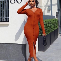  Slim V Neck Pure Color Split Women's Dress