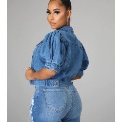 Basic Style Puff Sleeve Denim Jacket