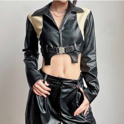 Leather Patchwork Contrast Color Cropped Motorcycle Jackets
