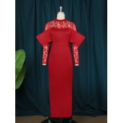 2024 Red Lace Patchwork Women's Party Dress  2024 Red Lace Patchwork Women's Party Dress