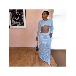 Mesh Hollowed Out Round Neck Long Dress  Mesh Hollowed Out Round Neck Long Dress