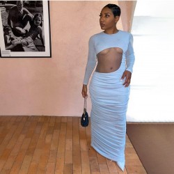 Mesh Hollowed Out Round Neck Long Dress