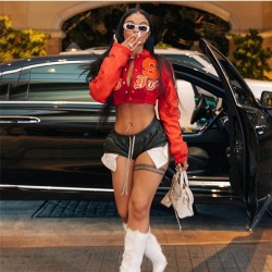  Autumn Letter Contrast Color Women's Crop Jacket