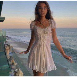 Vintage Backless Patchwork Puff Sleeve Short Dresses