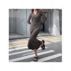 Causal V Neck Long Sleeve Slit Maxi Dresses  Causal V Neck Long Sleeve Slit Maxi Dresses