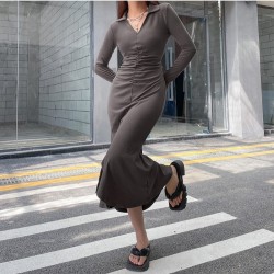 Causal V Neck Long Sleeve Slit Maxi Dresses 