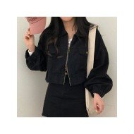  2024 Street Style Pure Color Zipper Short Denim Jacket