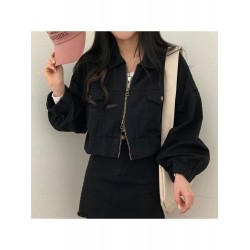 2024 Street Style Pure Color Zipper Short Denim Jacket  2024 Street Style Pure Color Zipper Short Denim Jacket