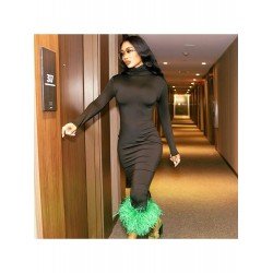 Fluffy Patchwork Turtle Neck Long Sleeve Maxi Dress Fluffy Patchwork Turtle Neck Long Sleeve Maxi Dress