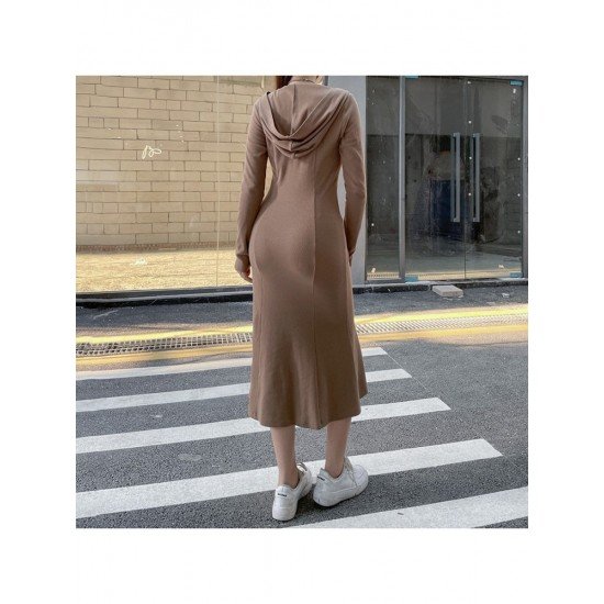Casual Hooded Collar Solid Long Sleeve Midi Dresses