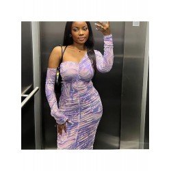 Stylish Printed Ruched Long Sleeve Midi Dress Stylish Printed Ruched Long Sleeve Midi Dress