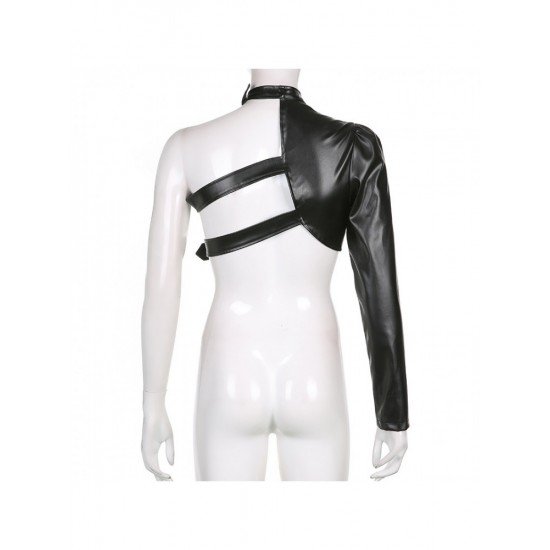Imitation Leather One Shoulder Black Tops