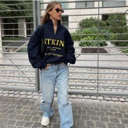  Casual Loose Letter Printing Zipper Women's Sweater