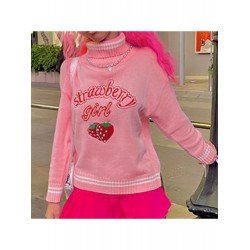 Cute Strawberry Embroidery Turtle Neck Sweaters Cute Strawberry Embroidery Turtle Neck Sweaters