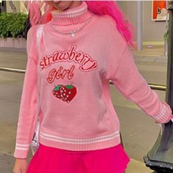 Cute Strawberry Embroidery Turtle Neck Sweaters