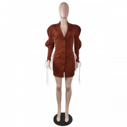 Stylish Tie Wrap Gigot Sleeve Long Sleeve Short Dress