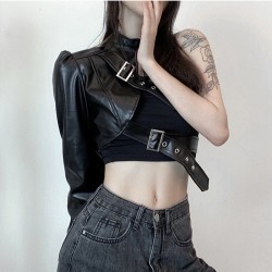 Imitation Leather One Shoulder Black Tops