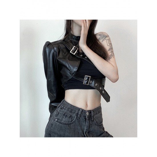 Imitation Leather One Shoulder Black Tops