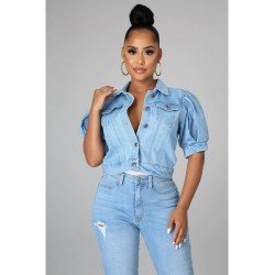 Basic Style Puff Sleeve Denim Jacket Basic Style Puff Sleeve Denim Jacket