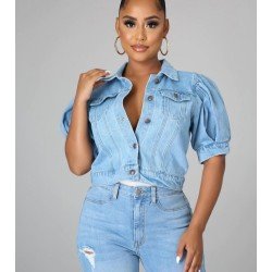 Basic Style Puff Sleeve Denim Jacket