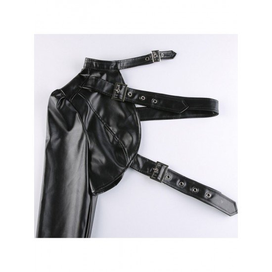 Imitation Leather One Shoulder Black Tops
