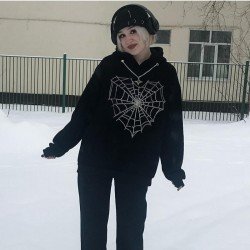  Heart Cobwebs Hot Drilling Hooded Black Tops