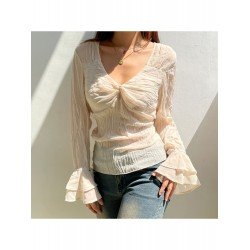 Ladies Chiffon V Neck Ruched Flare Sleeve Tops Ladies Chiffon V Neck Ruched Flare Sleeve Tops