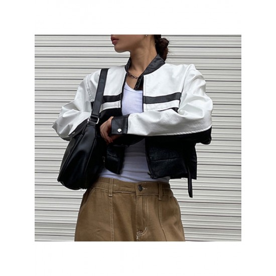  2024 PU Contrast Color Women's Long Sleeve Jacket